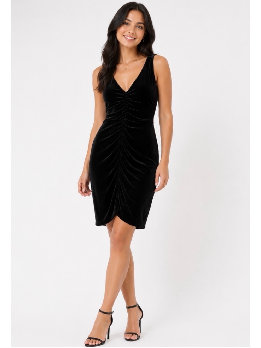 THEORY | Black Ruched Front Velvet V-Neck and Back Astell Sheath Dress Sz. 10
